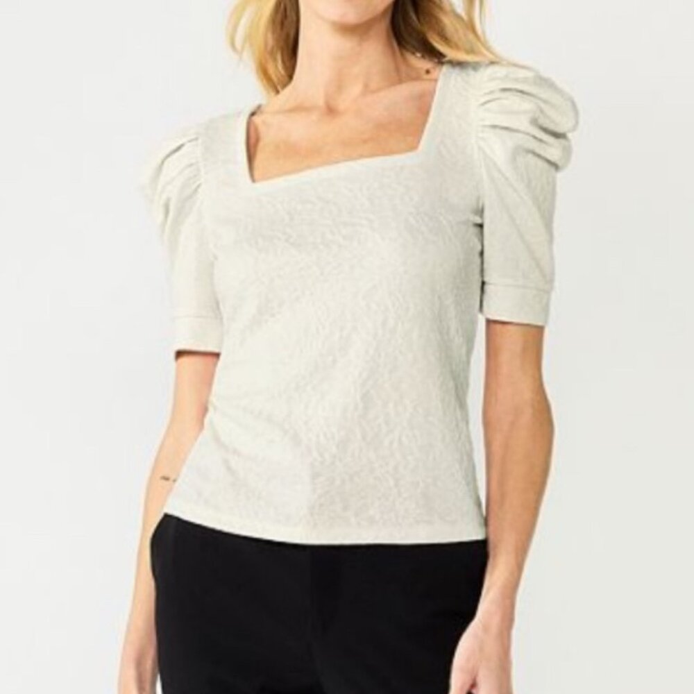 Nine West Ivory White Puff Sleeve Squareneck Top Size L NWT